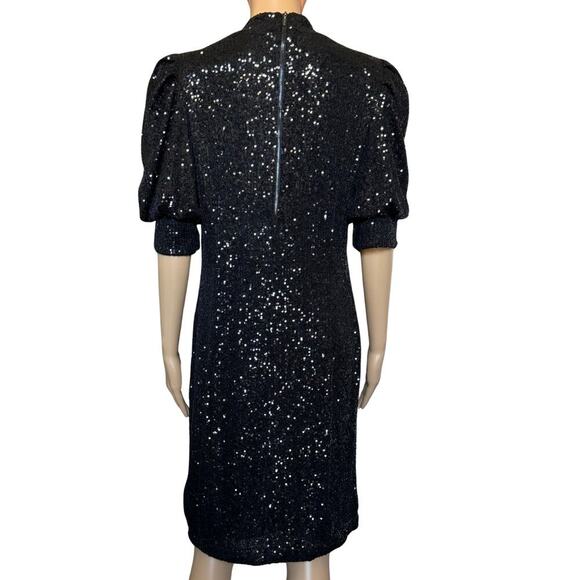 Joie Women's Sequin Puff Sleeve Back Zip Size Large Black Cocktail Evening Dress - Picture 2 of 11